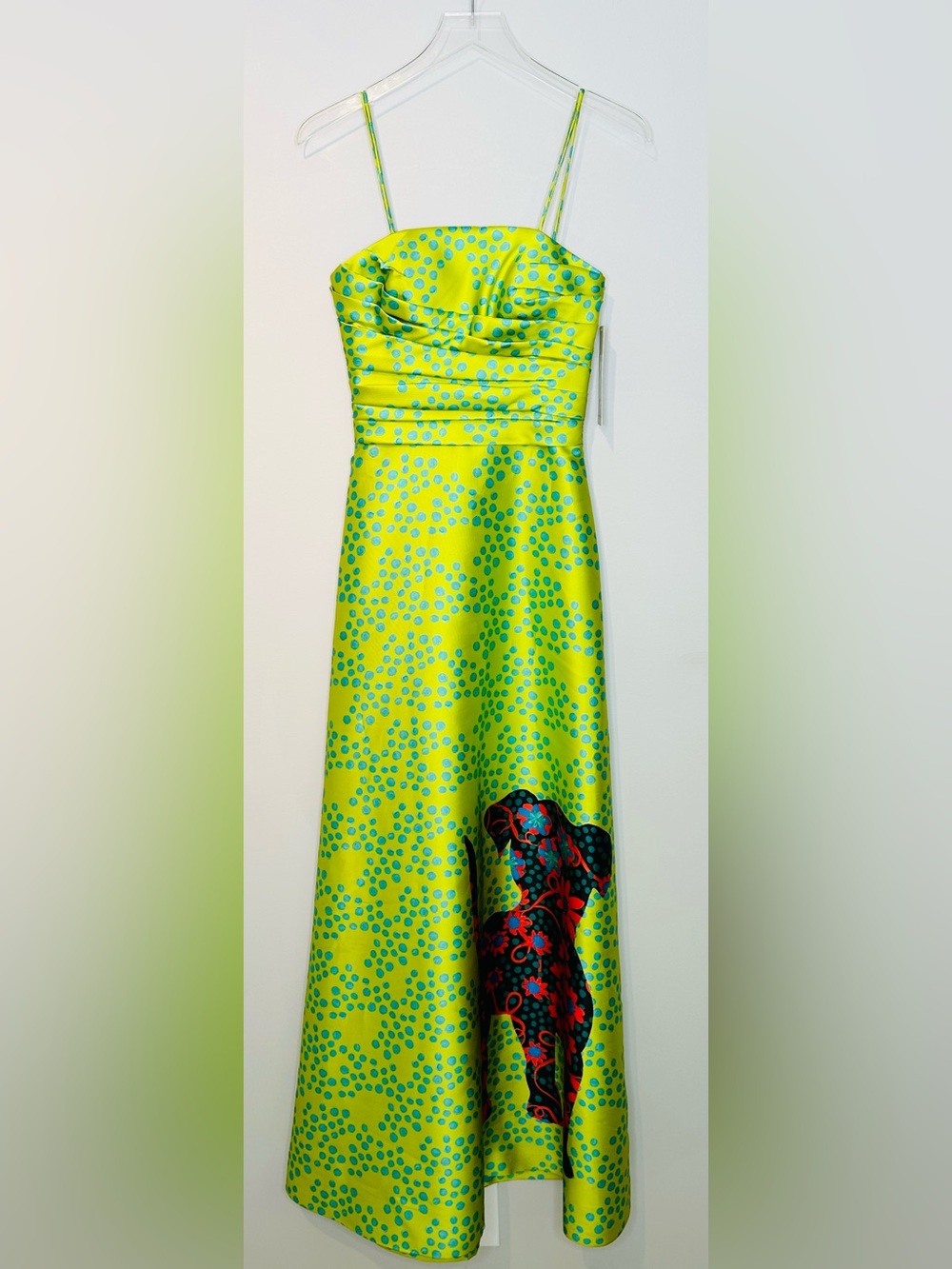 Theia Lime Green Spotted Puppy Dog Satin Formal Strapless Gown Dress - Picture 11 of 11